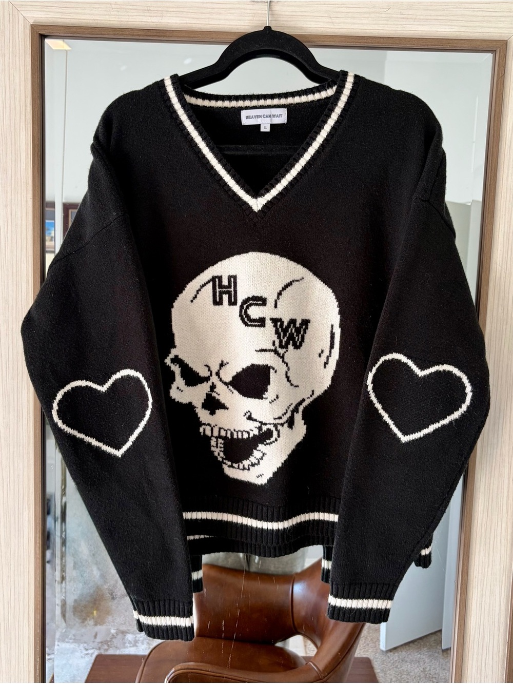 Heaven Can Wait Skyfall Sweater Black and White size Large Heavy Comfy Goth Dark